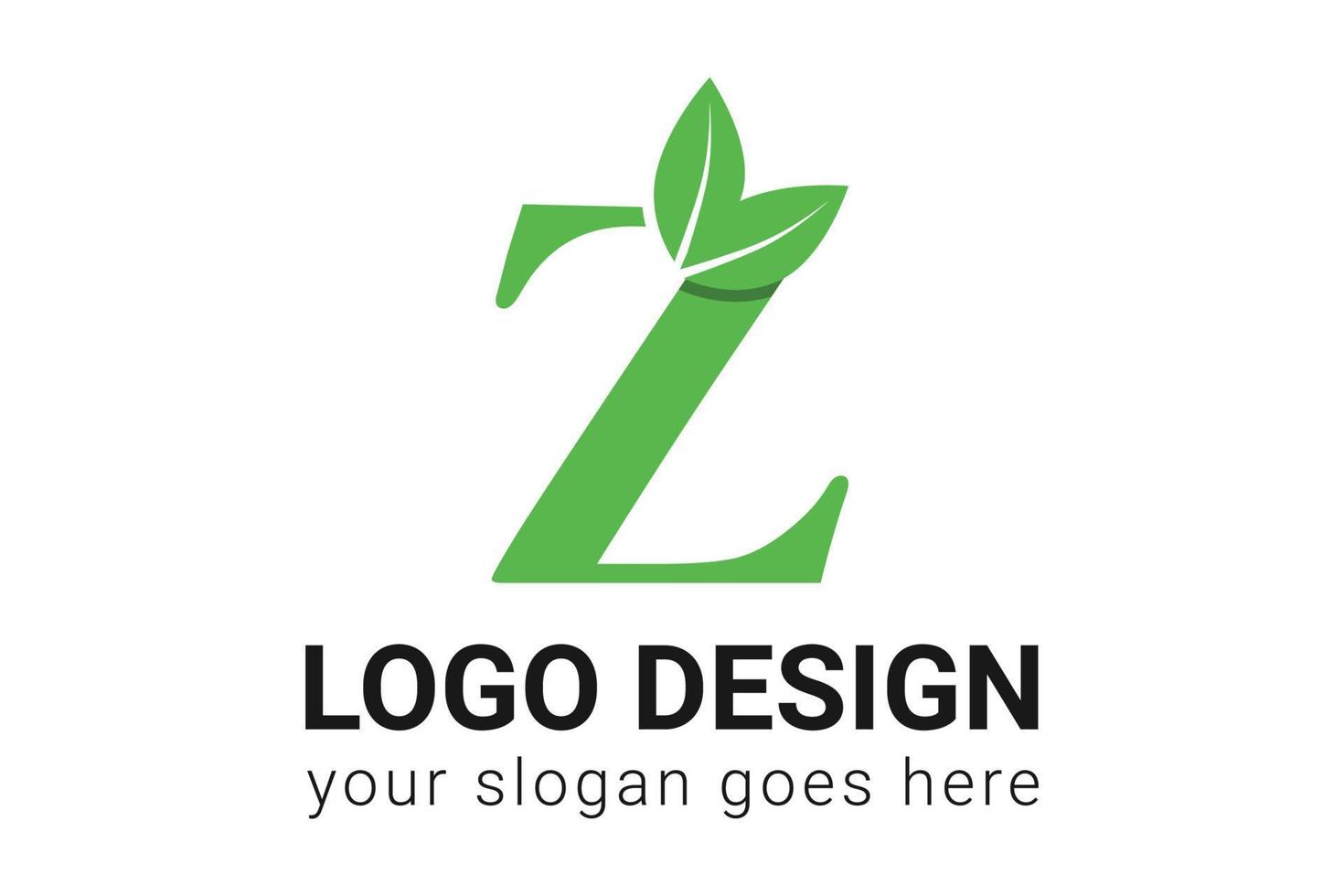 Z letter eco logo with leaf. Vector typeface for nature posters, eco friendly emblem, vegan identity, herbal and botanical cards etc. Ecology Z letter logo with green leaf.