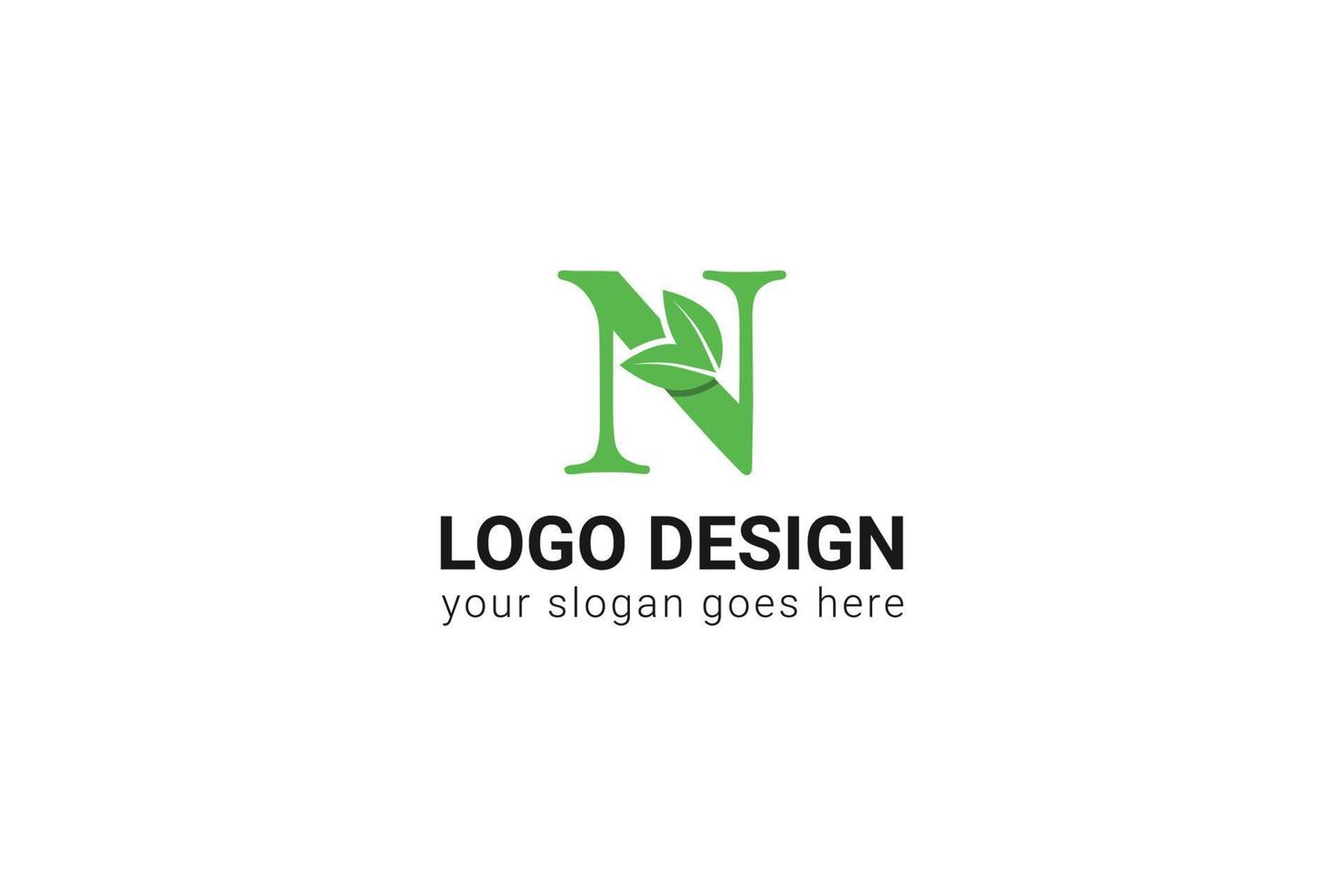 N letter eco logo with leaf. Vector typeface for nature posters, eco friendly emblem, vegan identity, herbal and botanical cards etc. Ecology N letter logo with green leaf.
