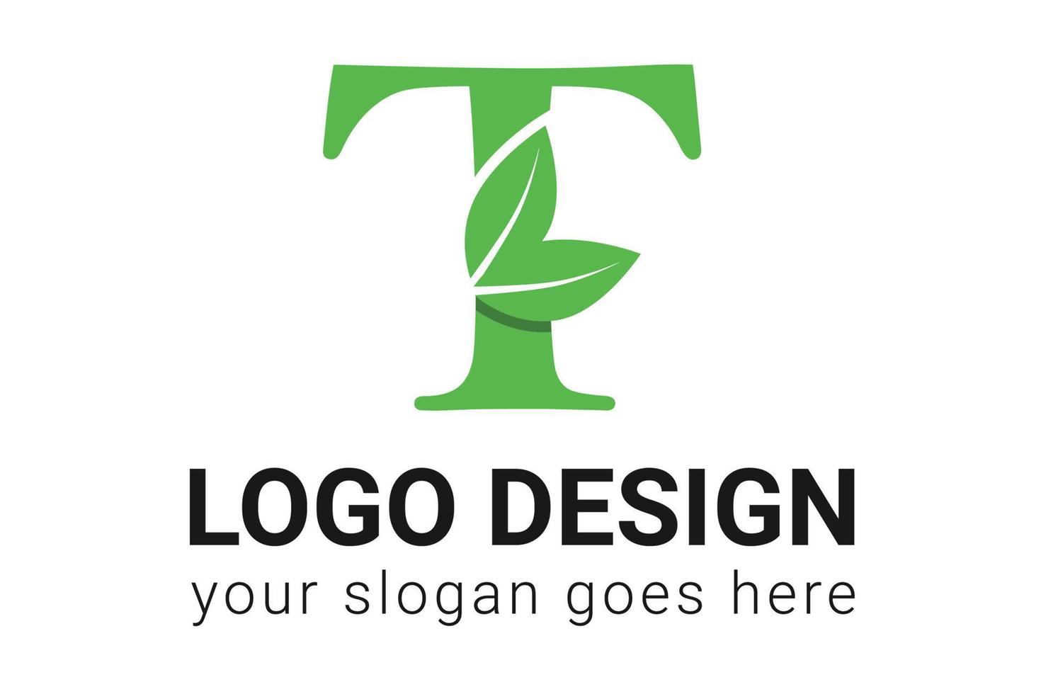 T letter eco logo with leaf. Vector typeface for nature posters, eco friendly emblem, vegan identity, herbal and botanical cards etc. Ecology T letter logo with green leaf.