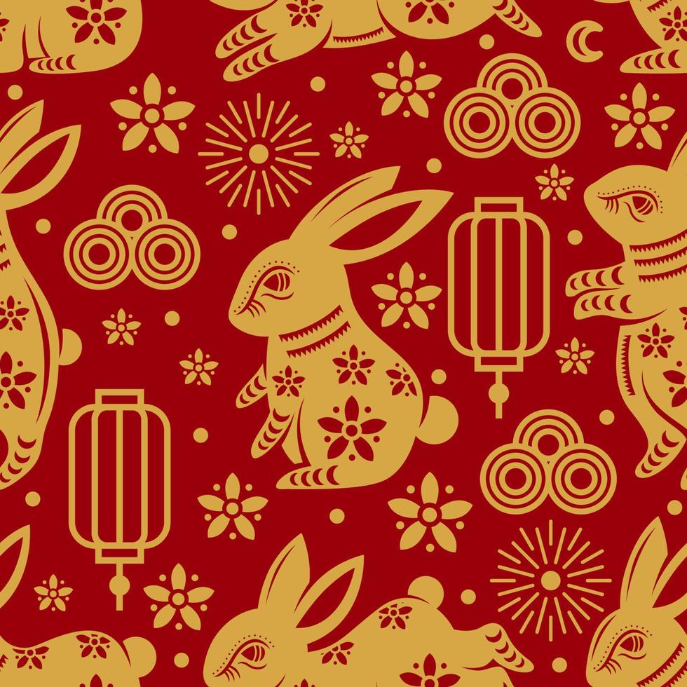 Deep Red Chinese New Year Seamless Pattern Background With Rabbit Element vector