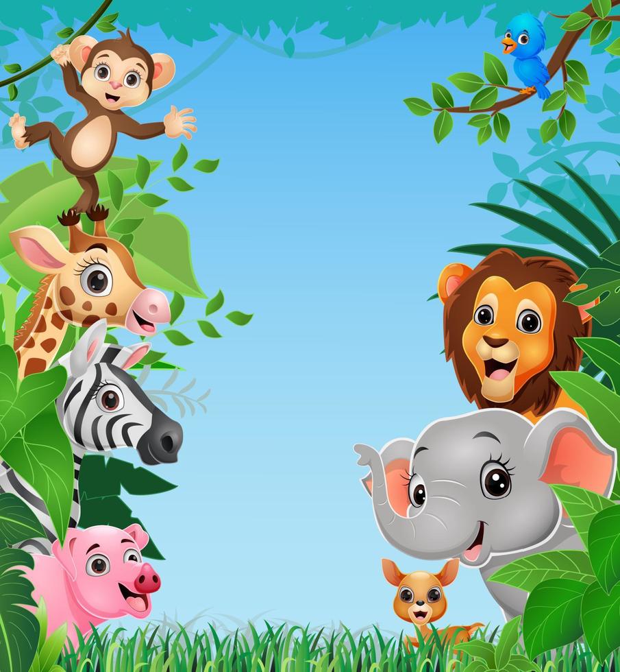 Cute wild animals cartoon in the jungle vector