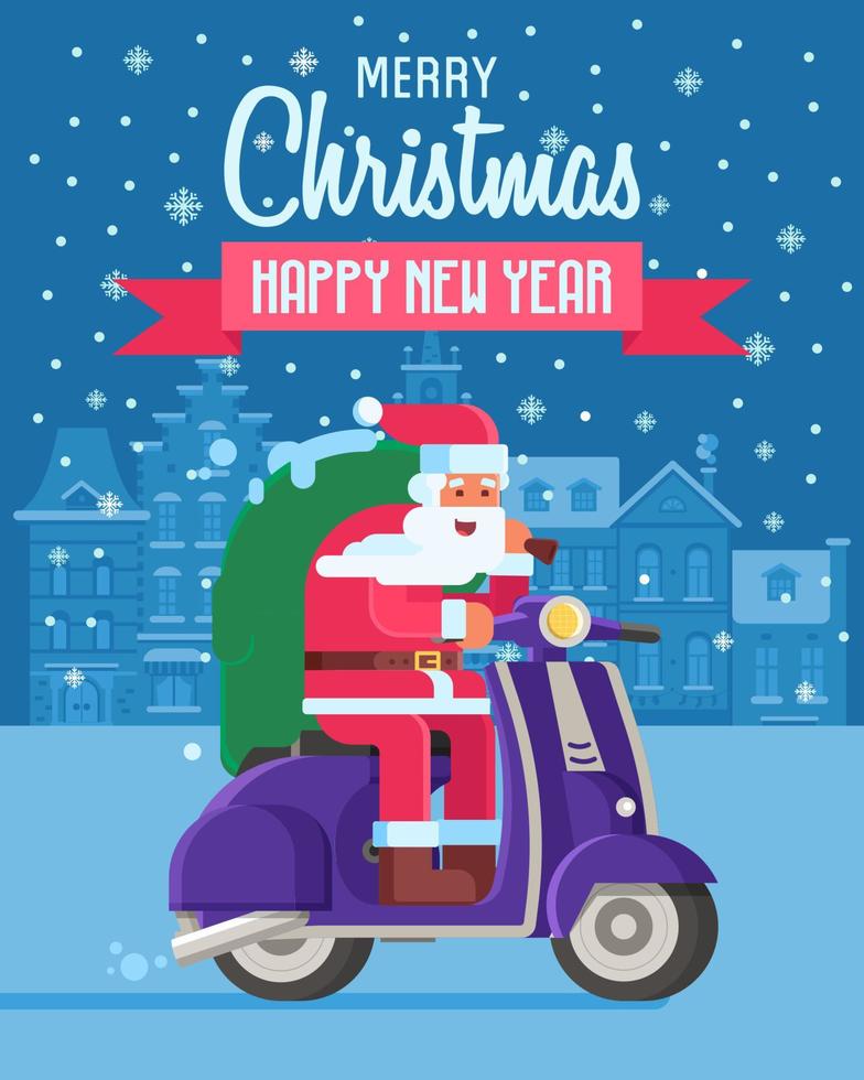 tarjeta de navidad con santa en scooter vector