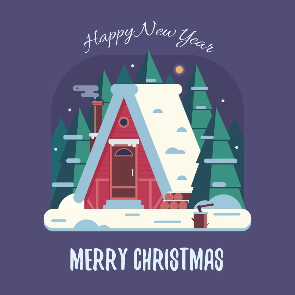 Christmas Card with Forest Winter House by Night vector