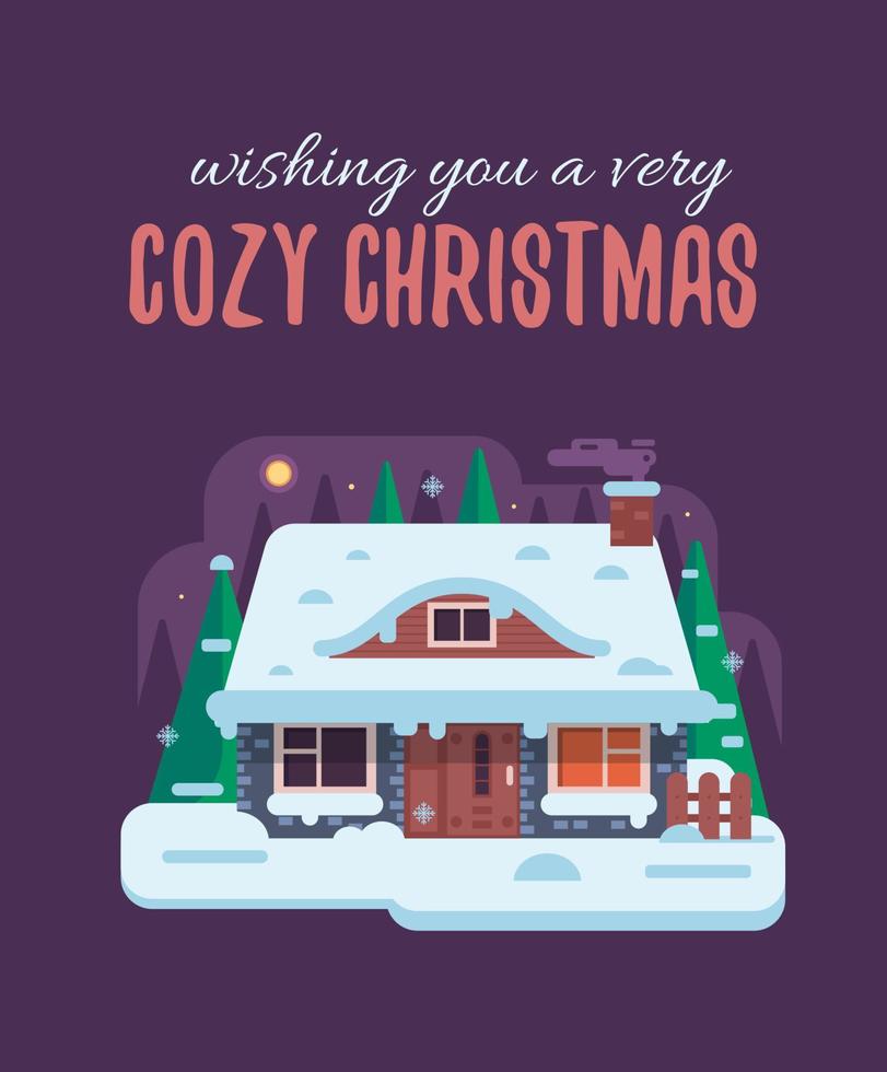 Christmas Card with Forest Winter House by Night vector