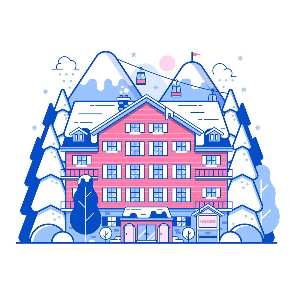 Winter Ski Resort Monoline Landscape vector