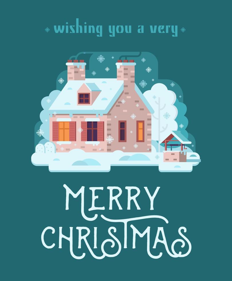 Christmas Card with Forest Winter House by Night vector