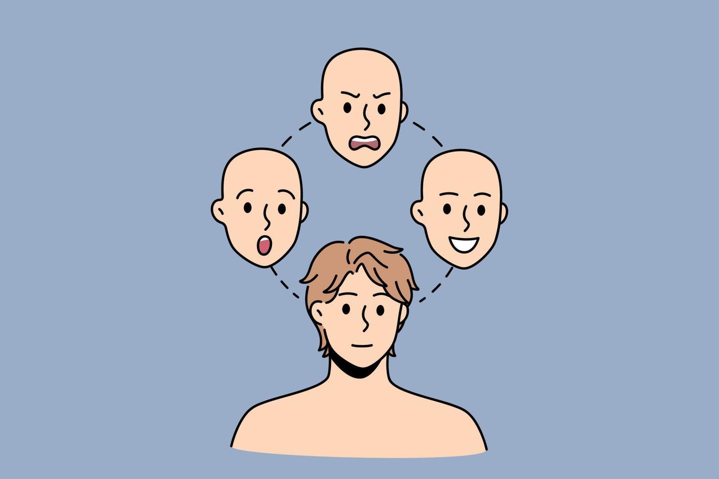 Face expression and moods concept. Young man choosing between surprised angry smiling and neutral positive face over blue background vector illustration