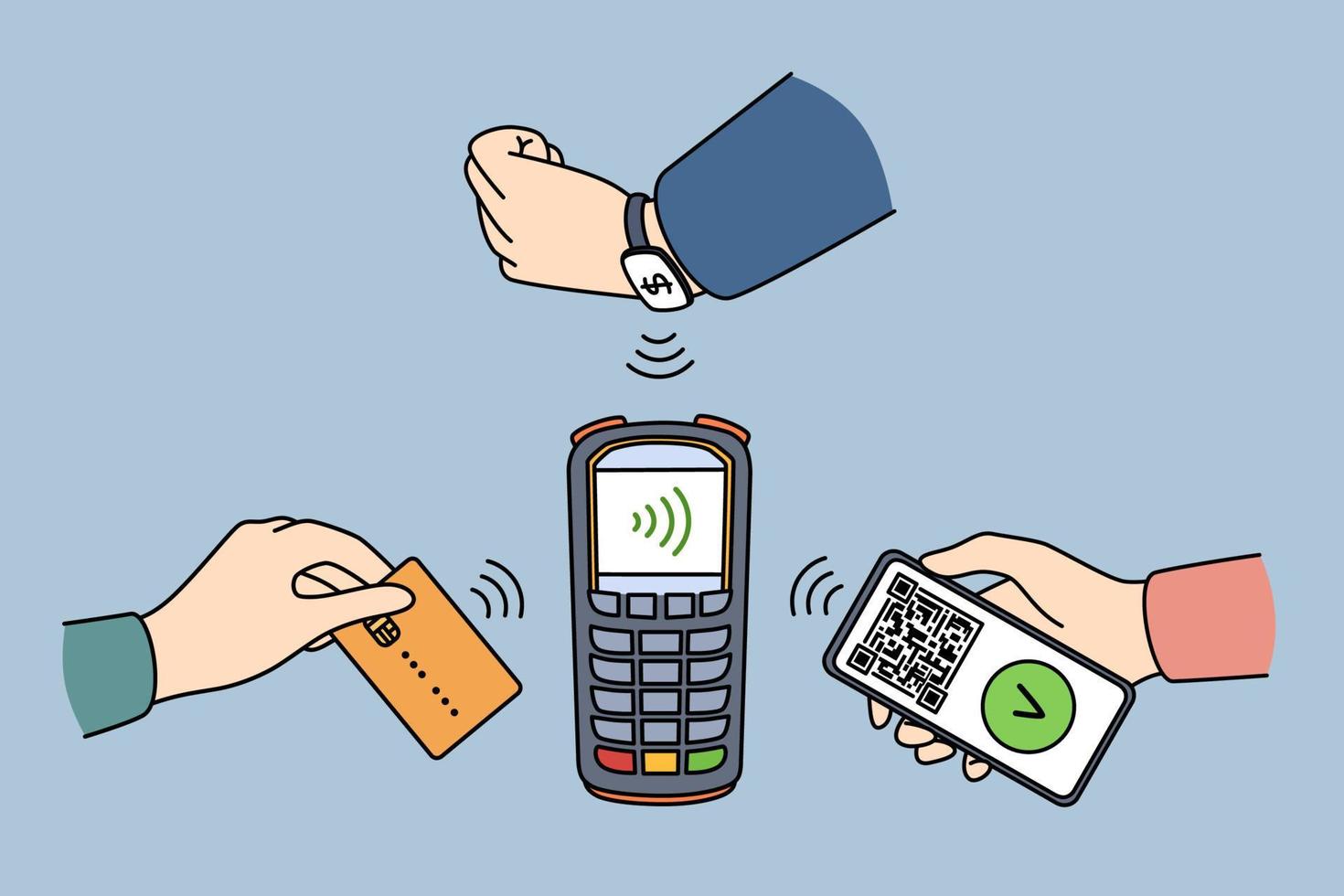 Electronic contactless payment and technologies concept. Human hands paying with credit card with smart watch and with smartphone vector illustration