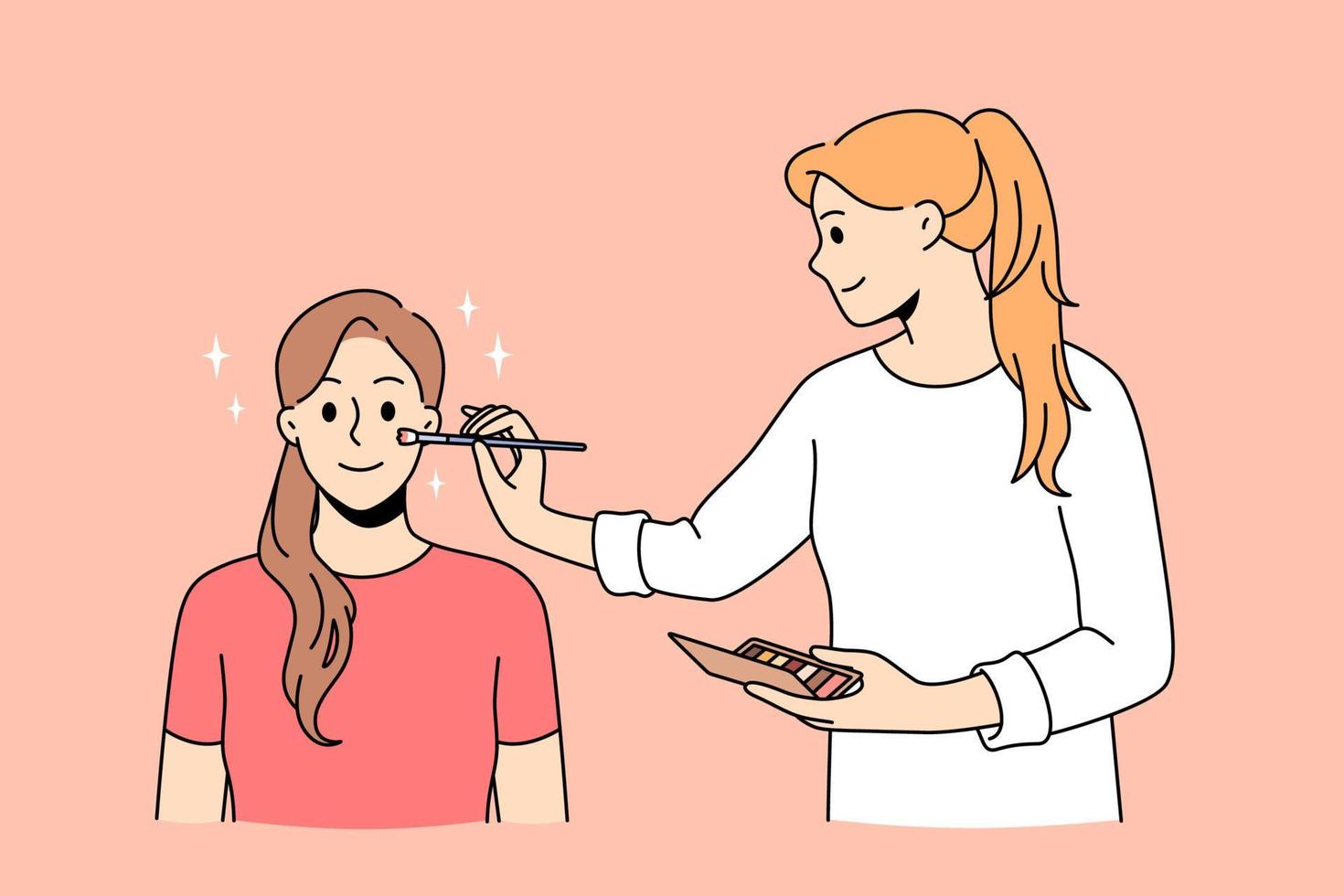 concepto de belleza y maquillaje. joven artista sonriente haciendo maquillaje trabajando con la piel de una clienta sentada y esperando la ilustración perfecta del vector de la cara