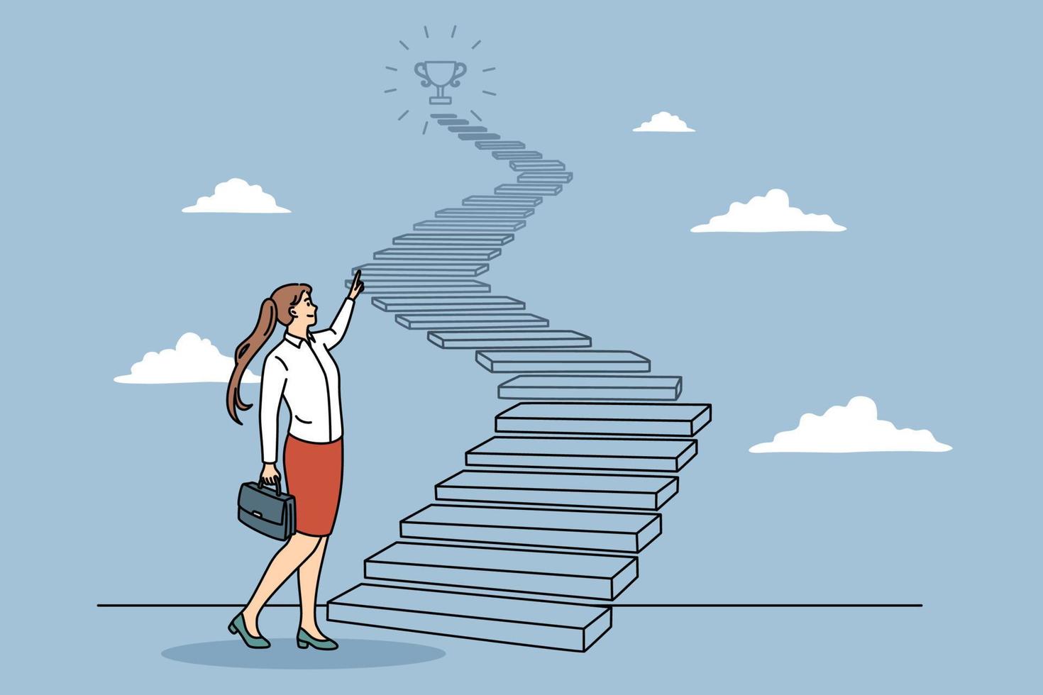 éxito empresarial y concepto de desarrollo. joven mujer de negocios positiva con caso de pie mirando la escalera con el premio principal del trofeo en la parte superior sintiéndose segura de ilustración vectorial vector