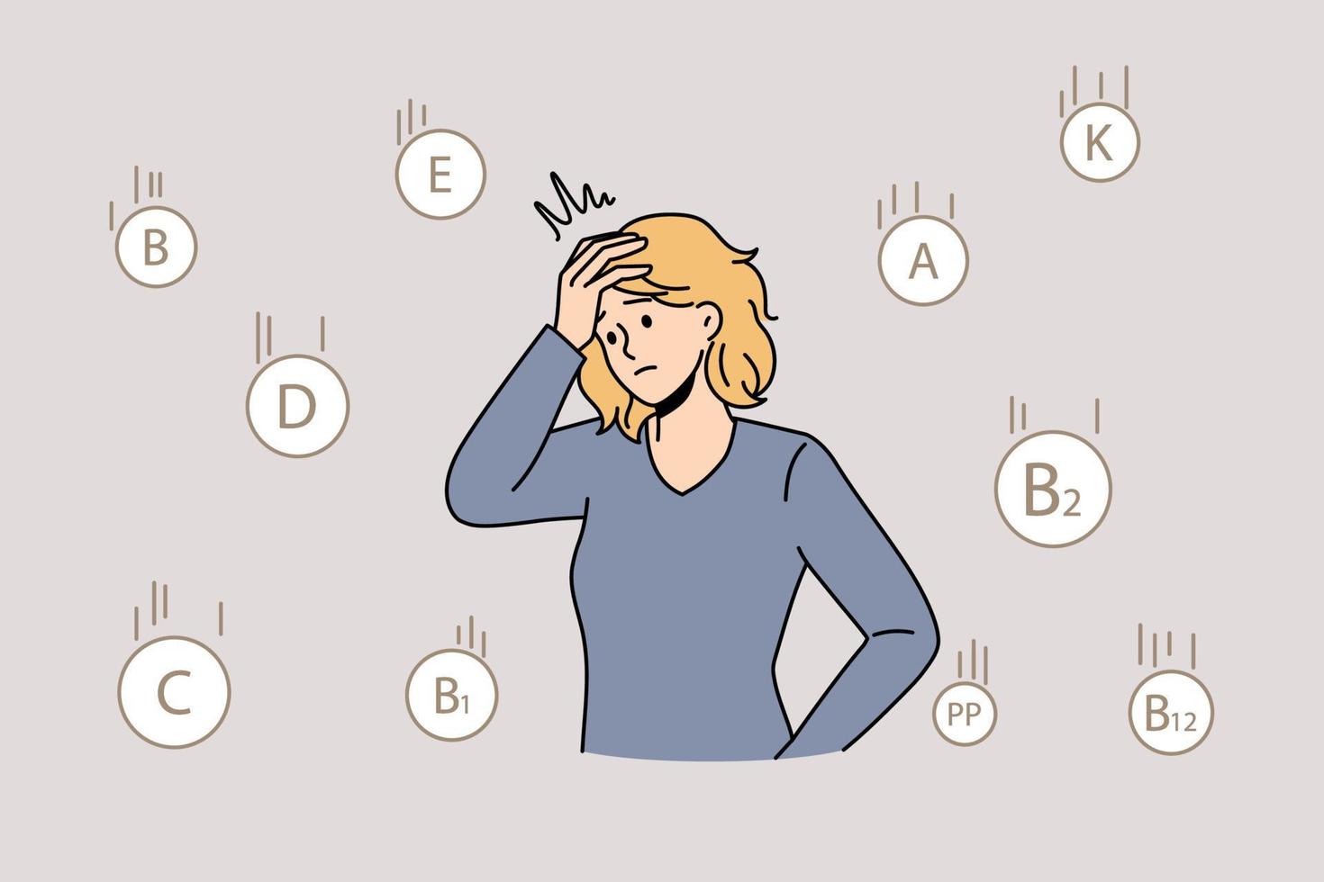 Lack of vitamins on body concept. Young stressed woman standing touching head feeling unhealthy and tired with lack of various vitamins and minerals in her body vector illustration