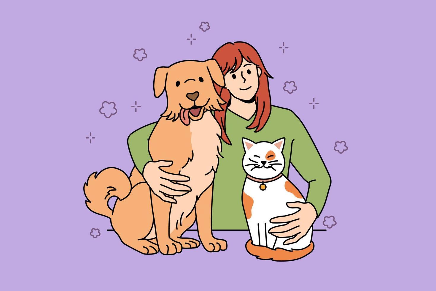 Enjoying company of pets concept. Smiling positive girl embracing her red cat and dog feeling happy with friendship vector illustration