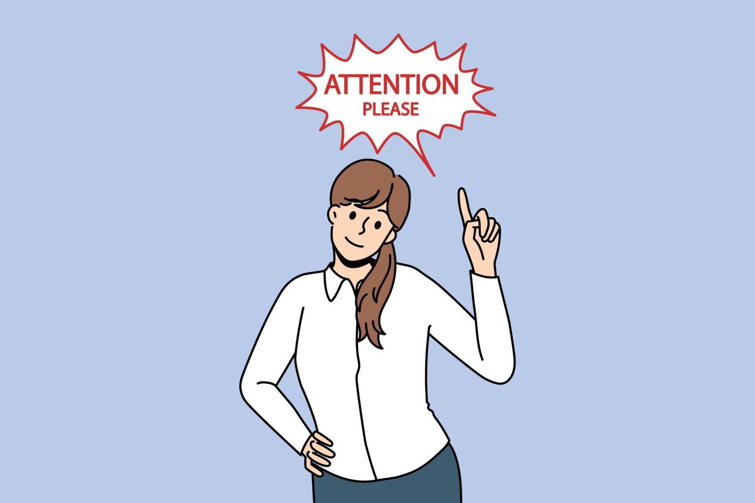 Getting attention and promotion concept. Young businesswoman standing and pointing with finger at attention please lettering sign vector illustration