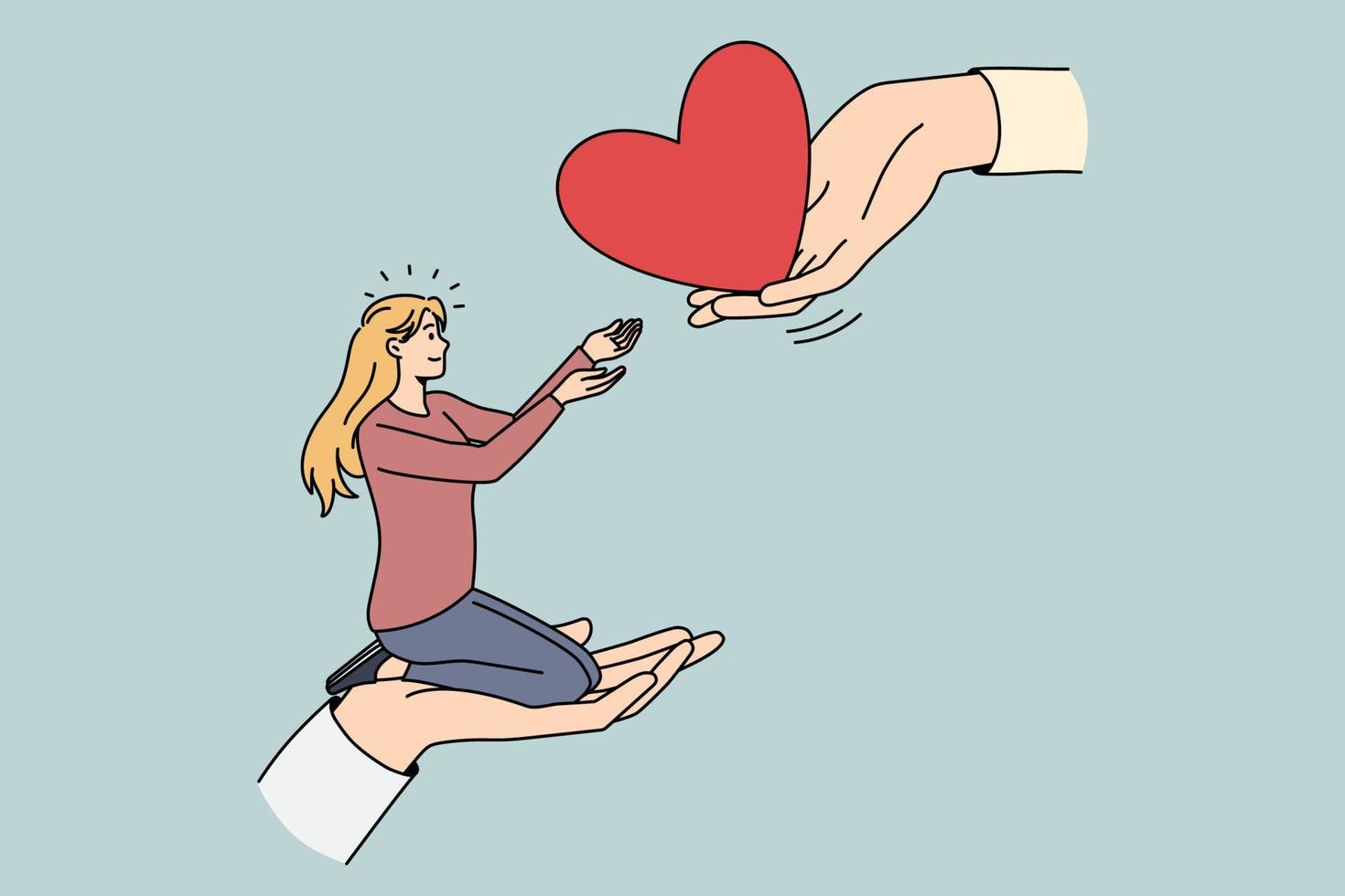 Giving and taking love concept. Young smiling blonde woman sitting on huge hand and taking big red heart from another human hand vector illustration
