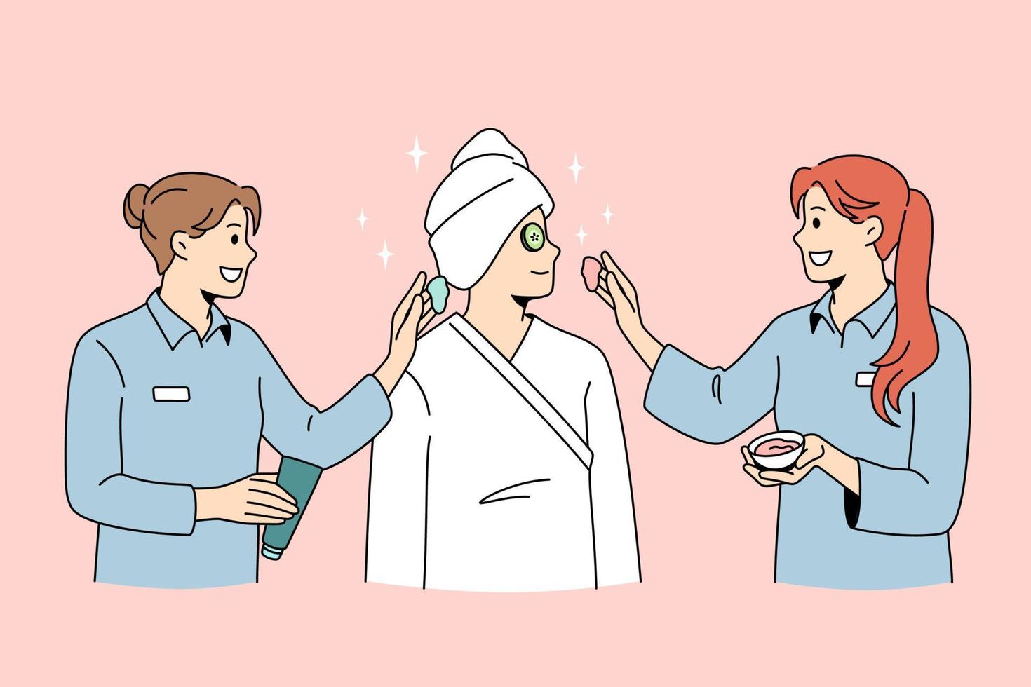 Beauty spa and cosmetology concept. Smiling women dermatologists wellness workers standing taking care of female client skin making beauty treatments vector illustration