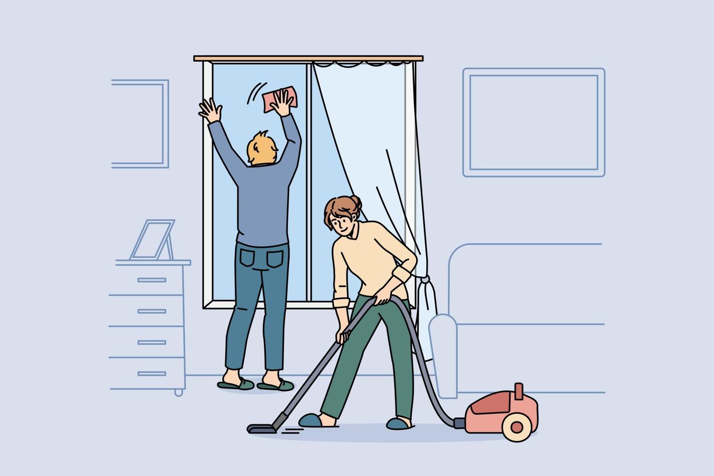concepto de apartamento de limpieza y tareas domésticas. pareja joven en ropa de casa limpiando ventanas y aspirando alfombras juntos en casa en la ilustración de vectores de fin de semana