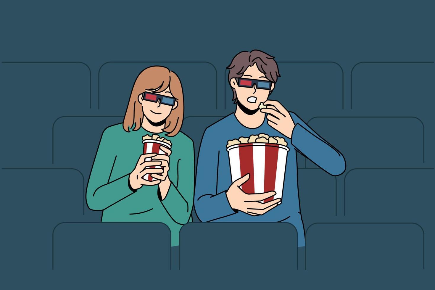 3d cinema and entertainment concept. Young couple boy and girl wearing 3d special glasses sitting watching movie in cinema club eating popcorn having fun vector illustration