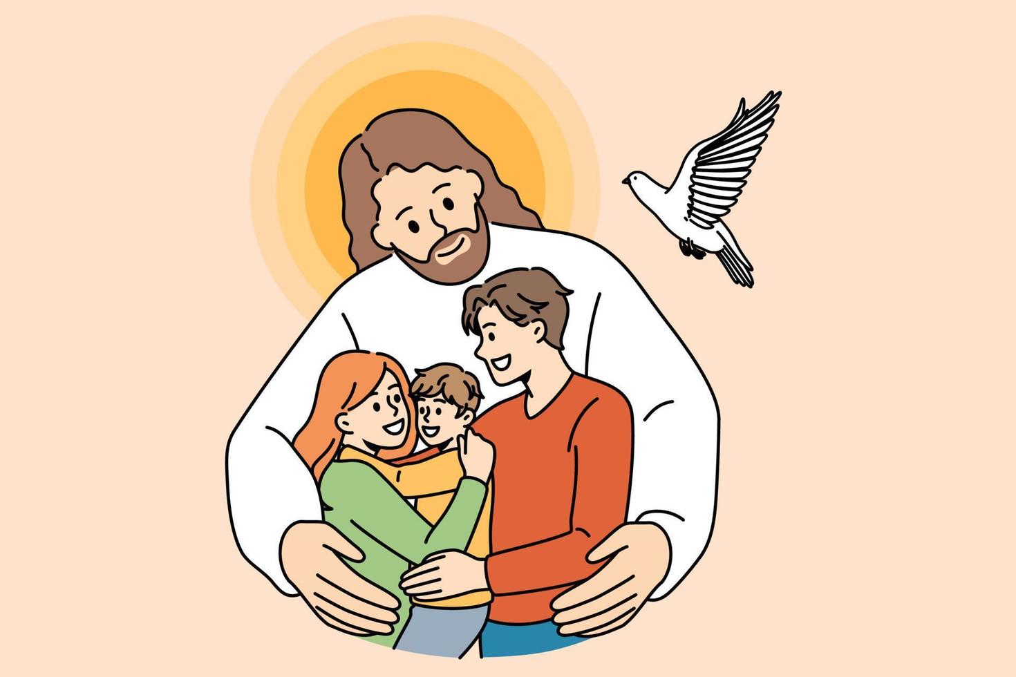 concepto de cristianismo y educación religiosa. amable jesús sonriente vestido de blanco de pie y abrazando a una familia feliz con un niño cuidando la ilustración vectorial vector