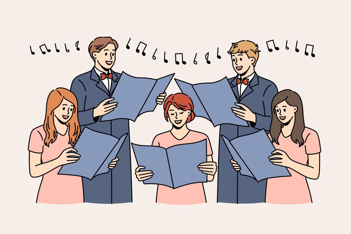 música y canto en concepto de coro. grupo de jóvenes positivos cantantes coro de pie interpretando un concierto con notas en la mano ilustración vectorial vector