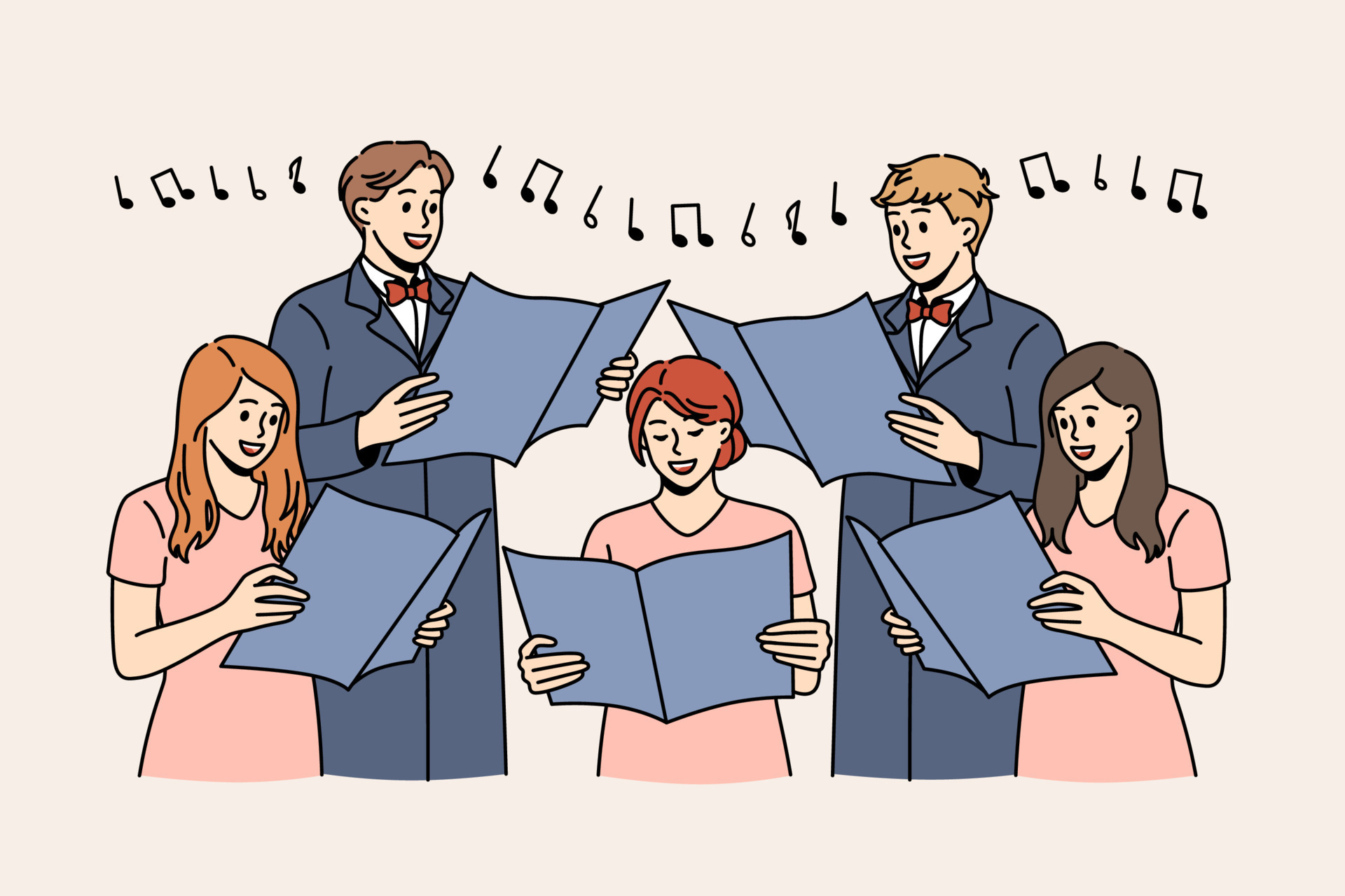 Music and singing in choir concept. Group of young positive people