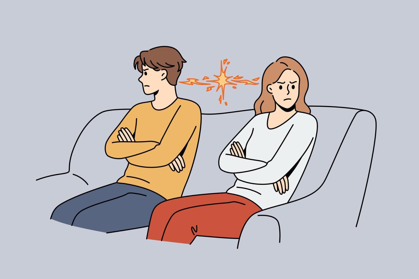 Misunderstanding and conflict in couple concept. Stressed angry couple woman and man sitting on sofa turning away from each other vector illustration
