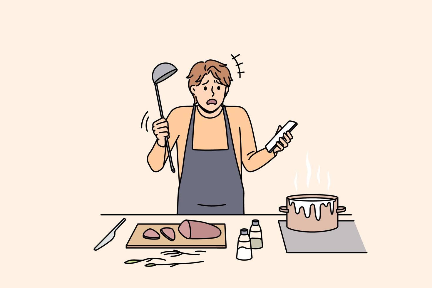 Cooking and preparing food concept. Young confused man in apron standing trying to cook soup boiling and holding smartphone with recipe in hand vector illustration