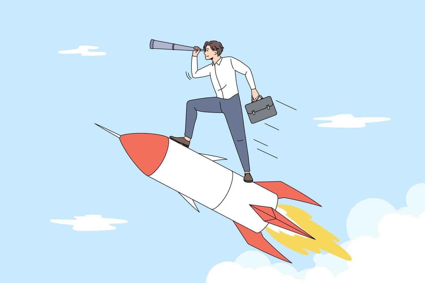 Business development and strategy concept. Young smiling businessman standing on rocket and looking forward with spyglass looking for opportunities vector illustration