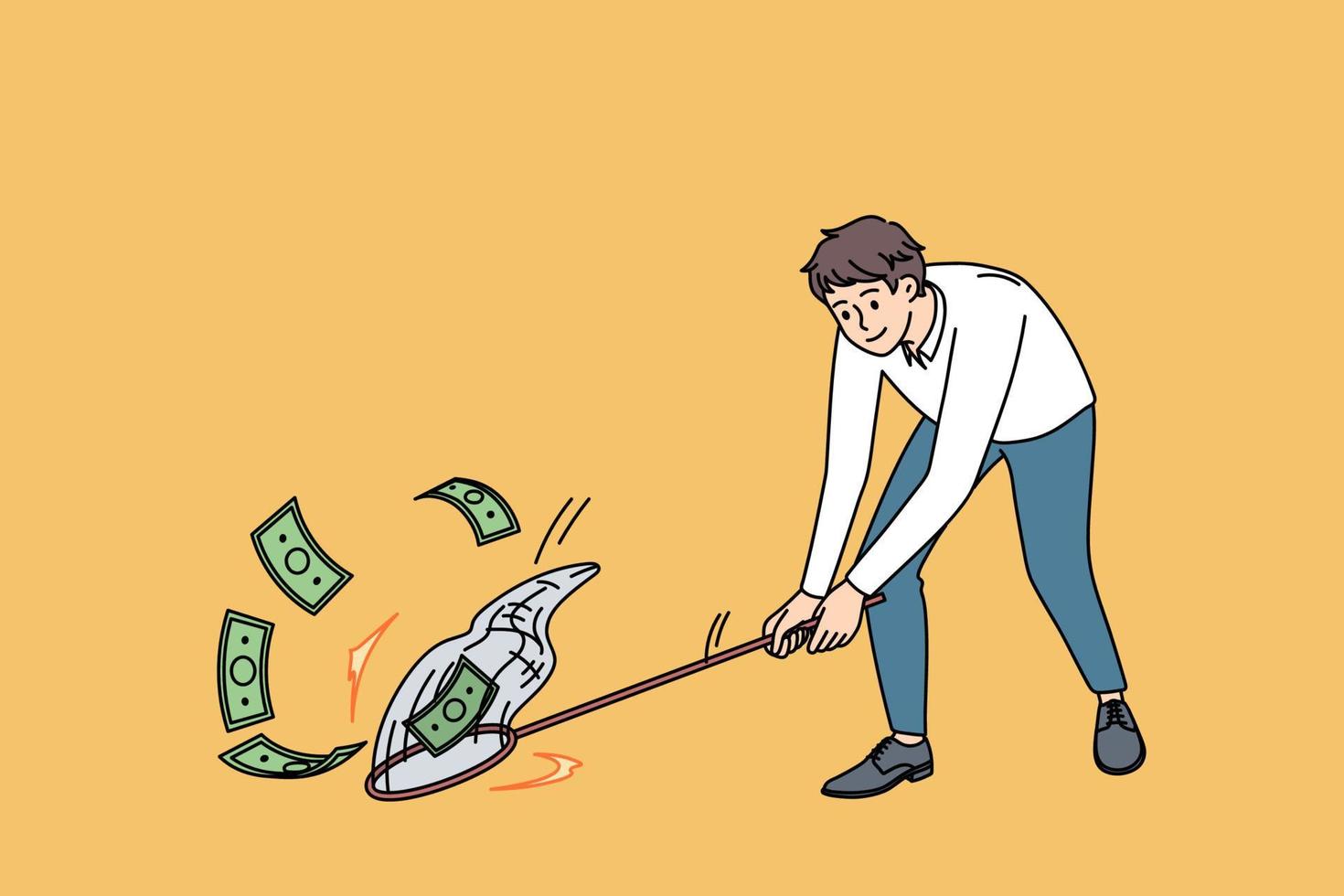 buscando dinero y concepto de ganancias. joven empresario sonriente de pie y tratando de atrapar dinero volador con una red y obtener una ilustración vectorial de ganancias vector