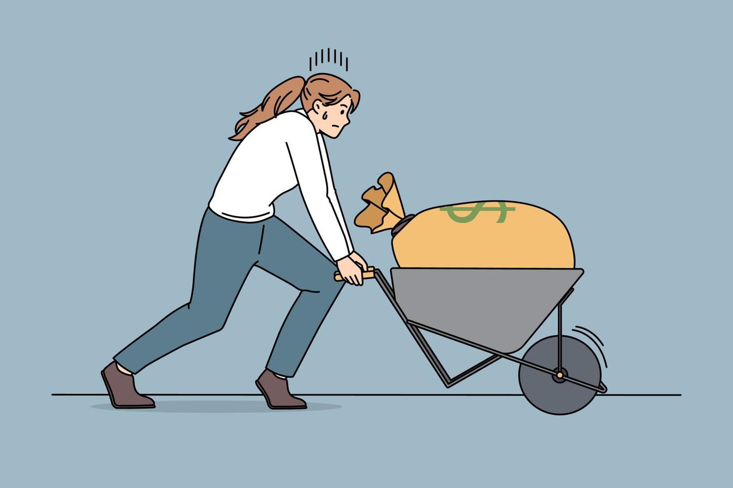 Difficulties in making money concept. Stressed tired exhausted woman business worker carrying riding trolley with huge heavy sack of money vector illustration