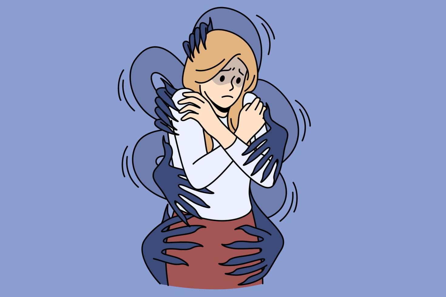 Inner fears and panic concept. Young stressed woman standing feeling invisible hands of fears embracing her vector illustration