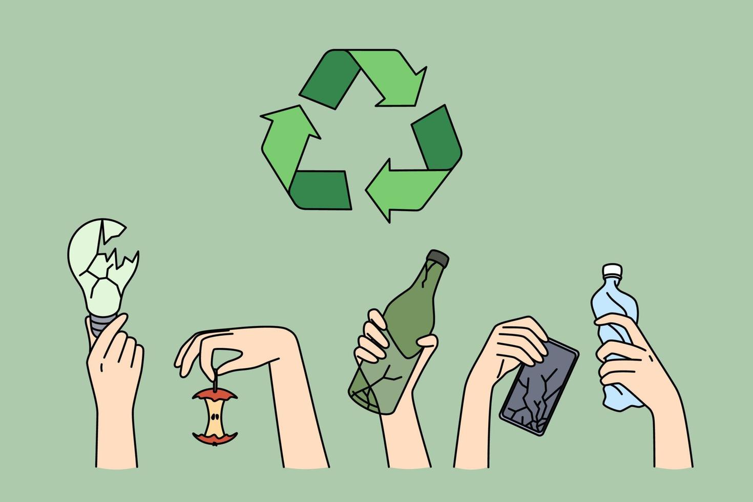 Recycling and ecological conversation concept. Human hands holding various trash lamp apple bottle electronics for recycling with symbol above vector illustration