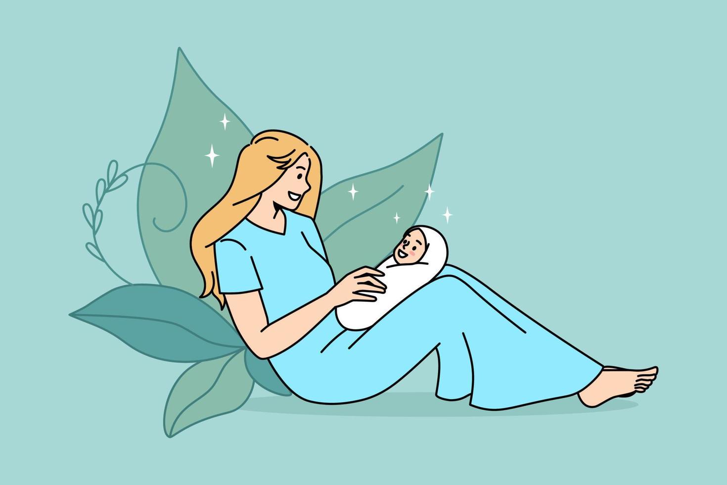 feliz concepto de maternidad y maternidad. sonriente joven madre con vestido azul sentada y sosteniendo a su pequeño bebé recién nacido en las manos sintiendo amor ilustración vectorial vector