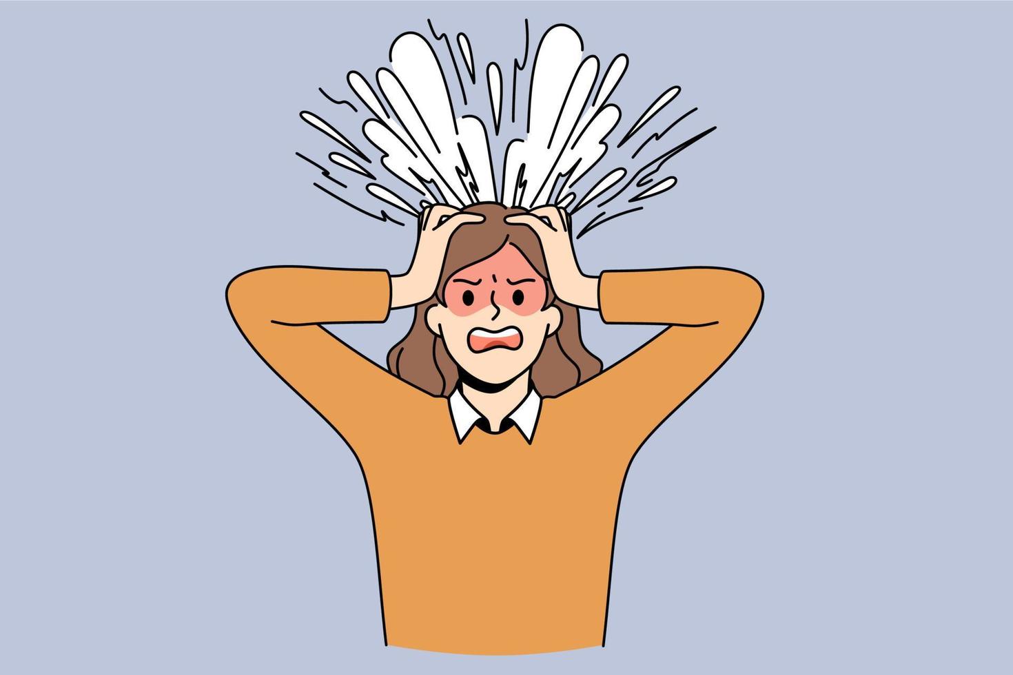 Brain explosion and stress concept. Shouting angry stressed female standing touching head having explosion on thoughts and emotions vector illustration