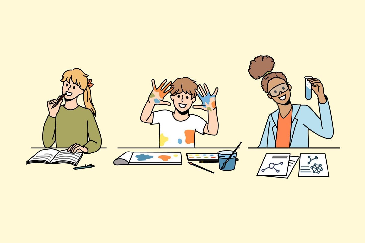 Education and learning subjects concept. Group of happy excited people children kids sitting learning writing painting and chemistry in class vector illustration