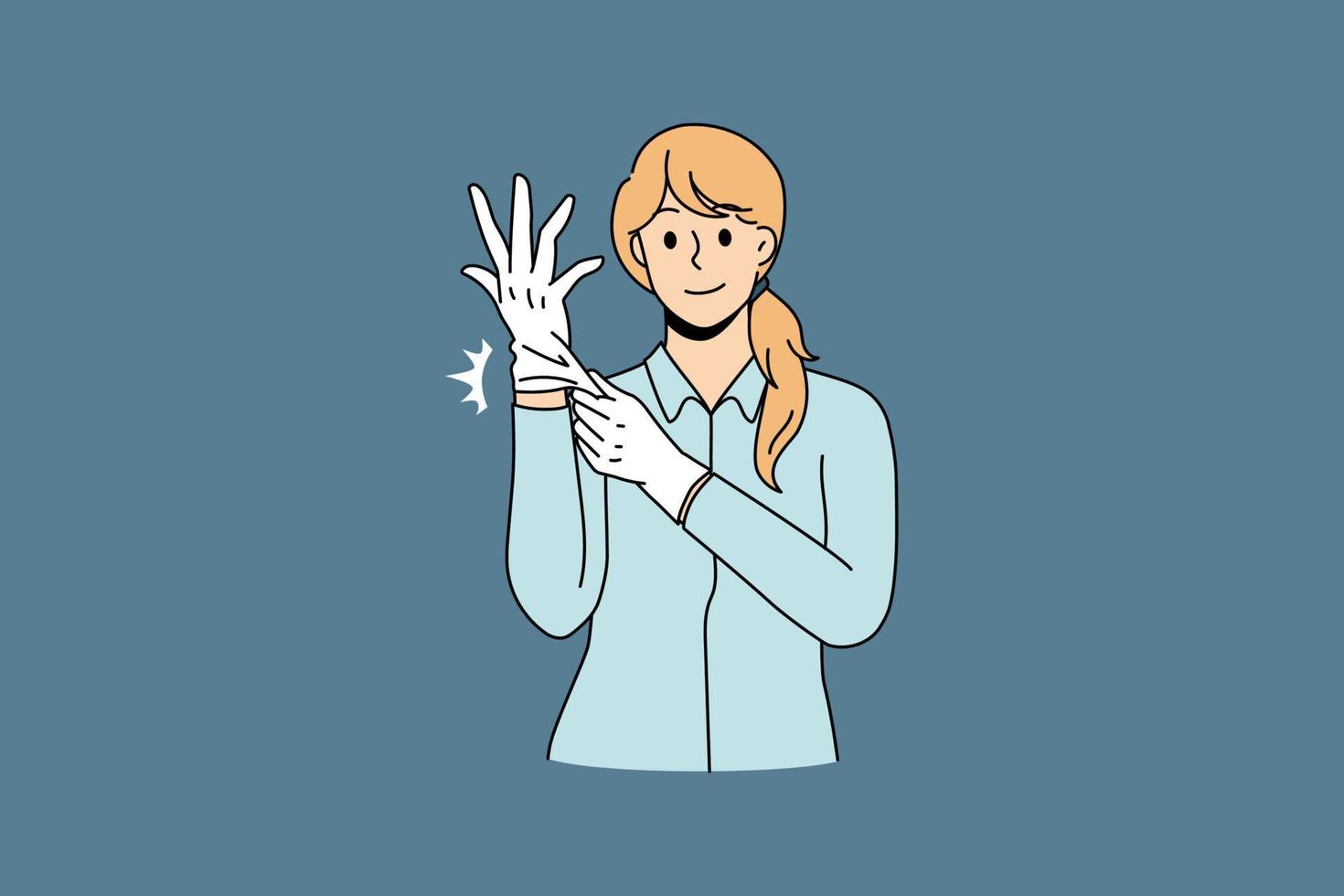 concepto de ropa de trabajo protectora y accesorios. mujer joven doctora o cosmetóloga poniendo guantes médicos protectores de látex blanco ilustración vectorial vector