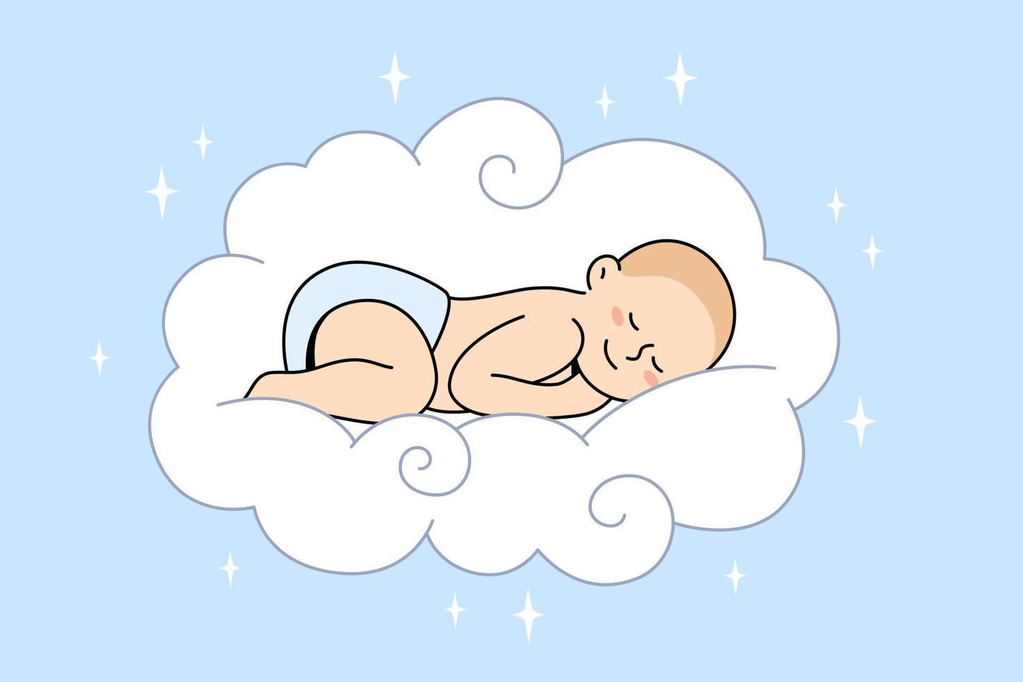 Happy childhood and sweet dreams concept. Small baby infant sleeping like angel in sweet white fluffy cloud having sweet dreams vector illustration