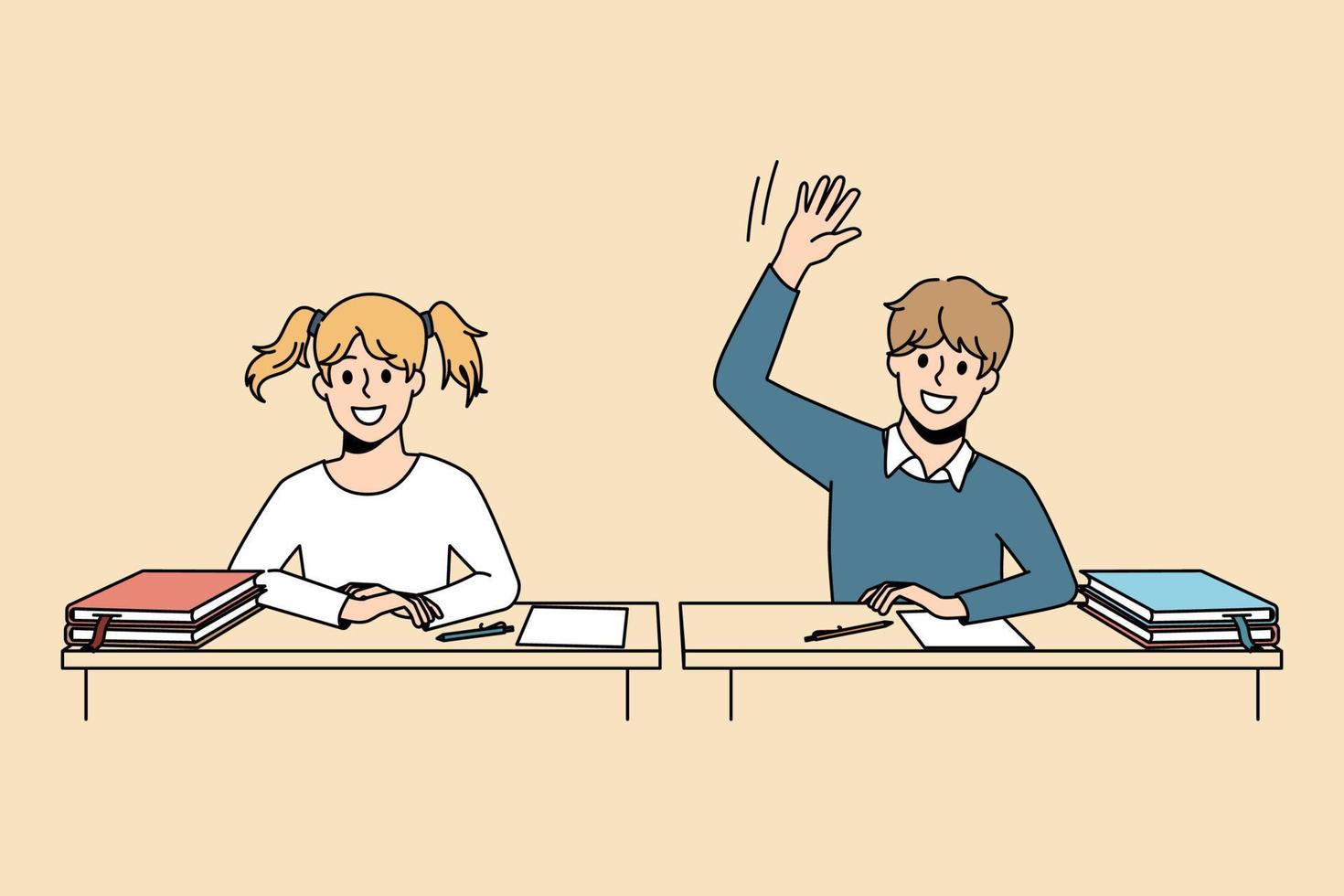 Educational process and learning concept. Smiling pupils boy and girl sitting at lesson and raising hand ready to answer having knowledge vector illustration