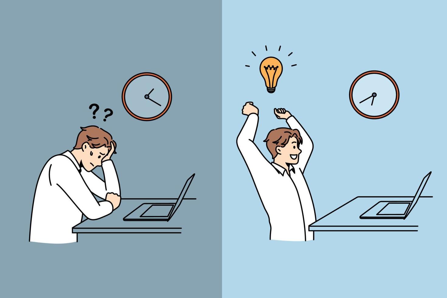 Frustration or innovation in business concept. Stressed man in doubt with question in head and happy worker with great idea sitting in office creating ideas vector illustration