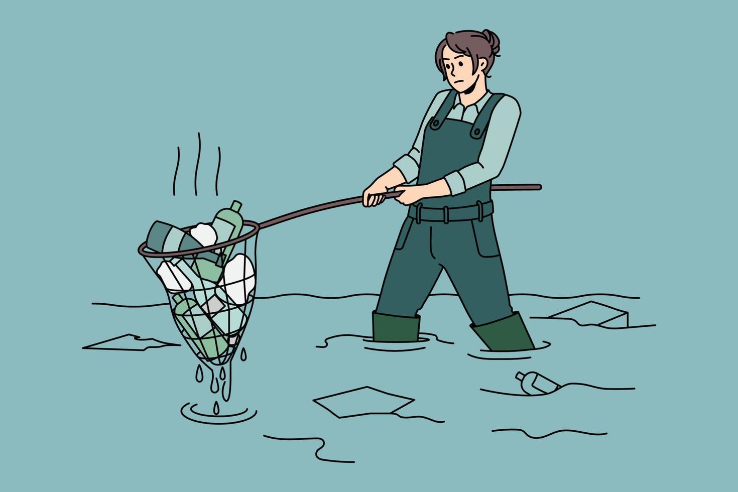 Taking care of Ecology and environment concept. Volunteer girl sitting in water and picking up collecting garbage trash taking care of ecological situation vector illustration