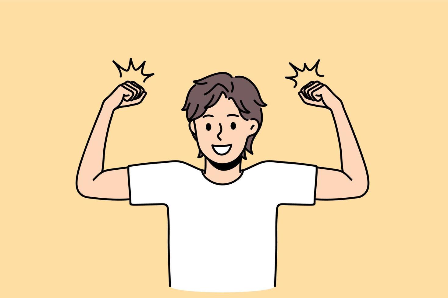 Strength and showing power concept. Smiling positive boy wearing white t-shirt standing and showing strong sport biceps feeling cheerful vector illustration