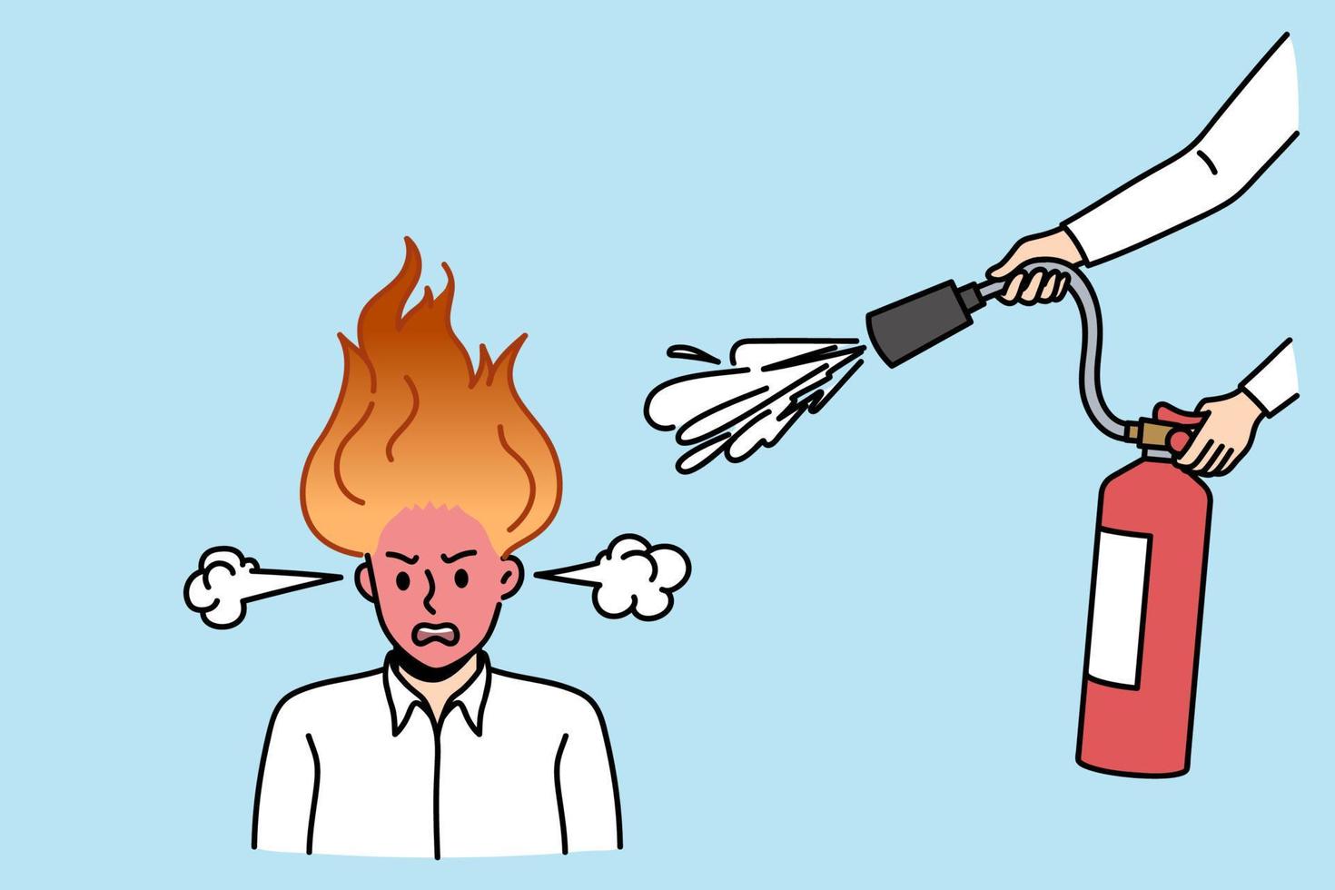 Emotional stress and over work concept. Stressed furious angry man office worker standing with human hand trying to water fire in his head vector illustration