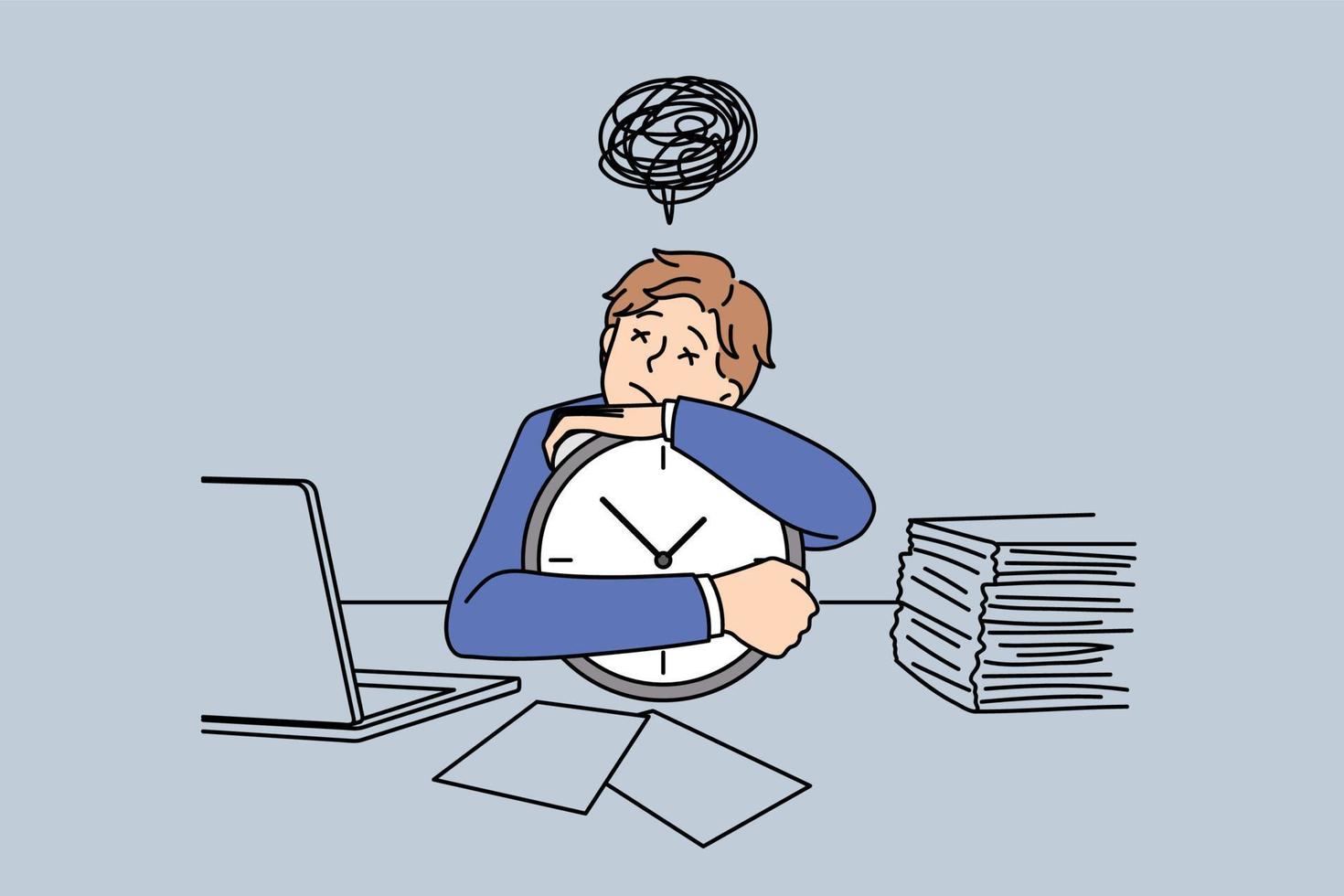 Sleepy worker and tiredness concept. Young man office worker sitting at laptop and papers embracing clock feeling sleepy having dreams sleeping vector illustration