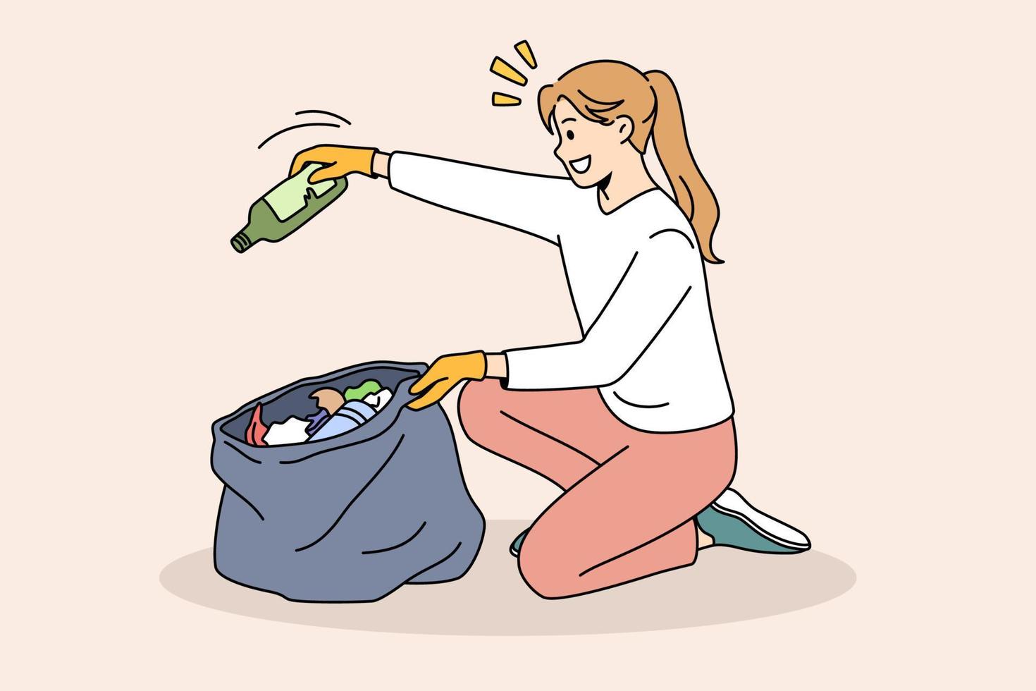 Ecology and environment saving concept. Smiling girl sitting and picking up collecting garbage trash to bag in gloves taking care of ecological situation vector illustration