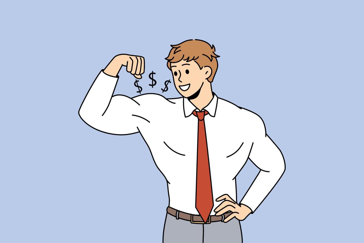 autoridad de liderazgo y concepto de fuerza. joven hombre de negocios sonriente con camisa blanca de pie y mostrando fuertes bíceps, lo que significa éxito empresarial y ilustración vectorial de ganancias financieras vector