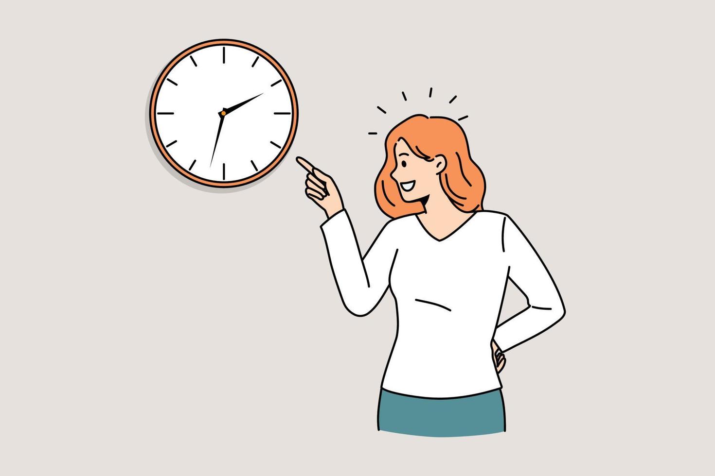 Time management and deadlines concept. Young smiling woman standing and pointing at time on wall watch clock feeling positive vector illustration