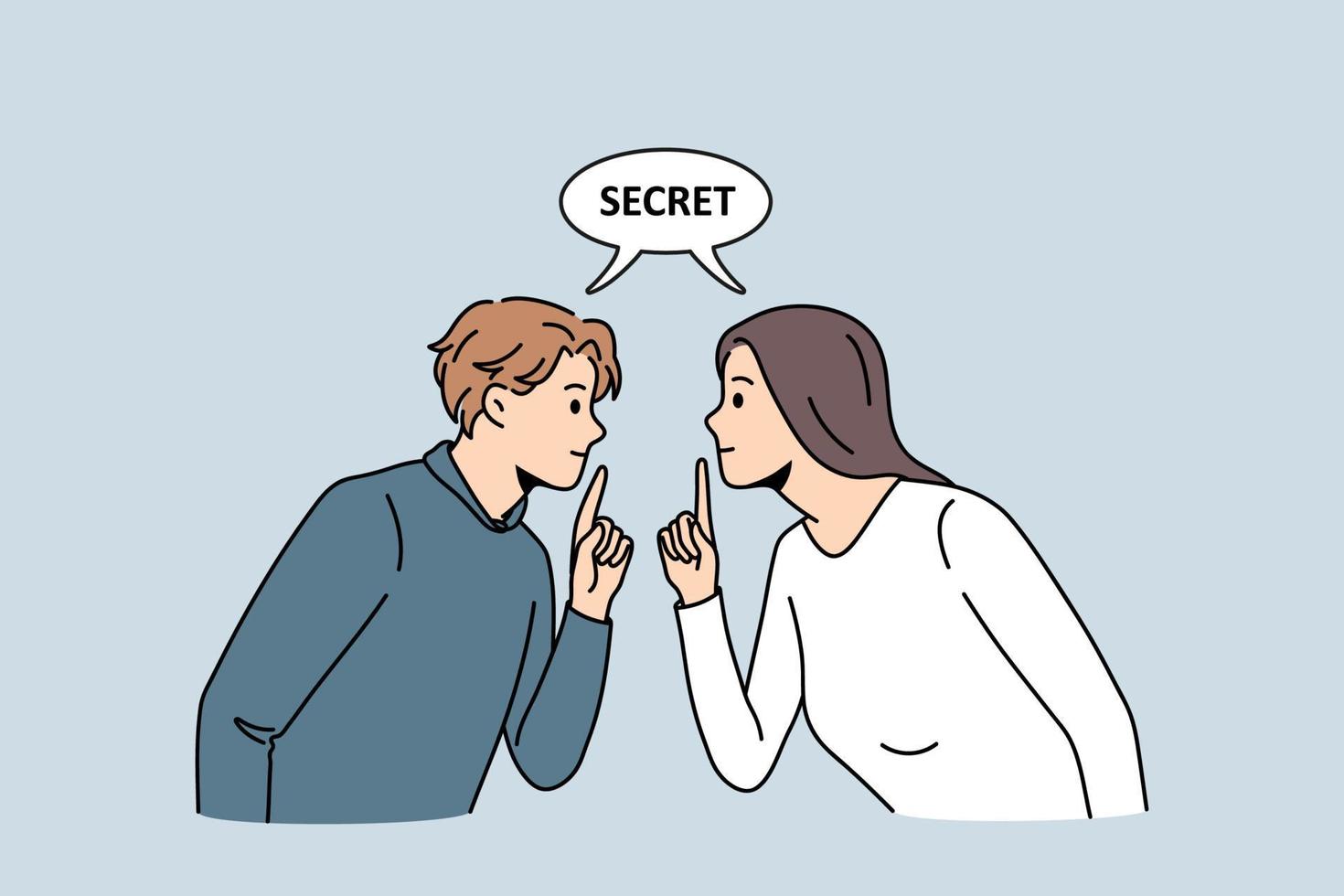 Secret privacy and silence concept. Young woman and man looking at each other showing silent gesture with fingers with secret lettering above vector illustration