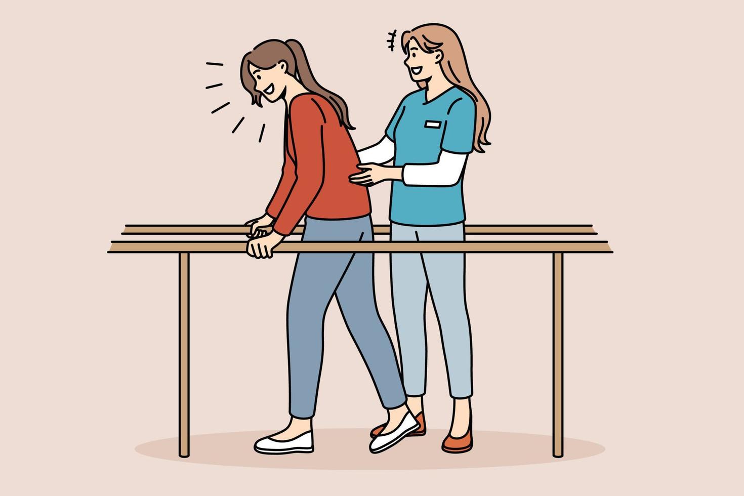 concepto de rehabilitación de salud y recuperación. niña positiva sonriente caminando con soporte de madera a lo largo del cuerpo y una doctora ayudándola en la ilustración vectorial del programa de rehabilitación vector