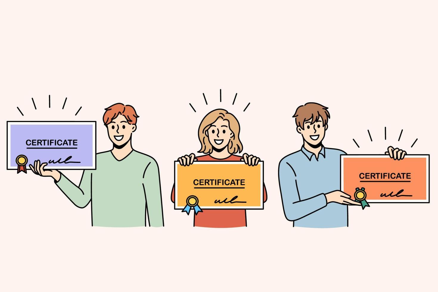 certificados y concepto de diploma de educación. grupo de personas positivas sonrientes graduadas de pie sosteniendo coloridos certificados oficiales con sellos en las manos ilustración vectorial vector