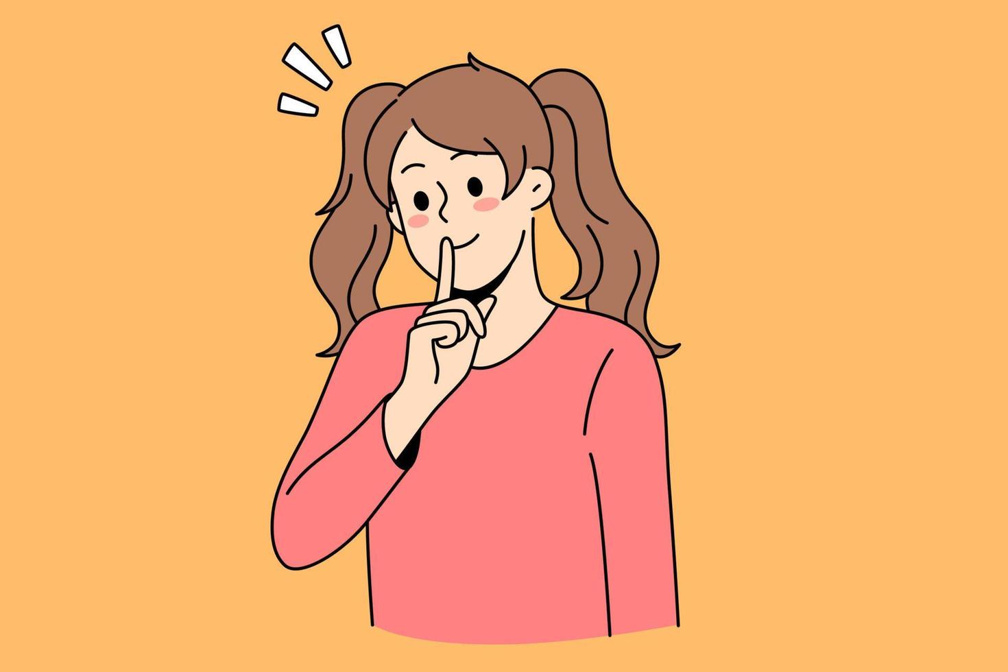 Silence and gesture language concept. Smiling girl standing showing silent gesture with hand finger over closed mouth asking to be calm vector illustration