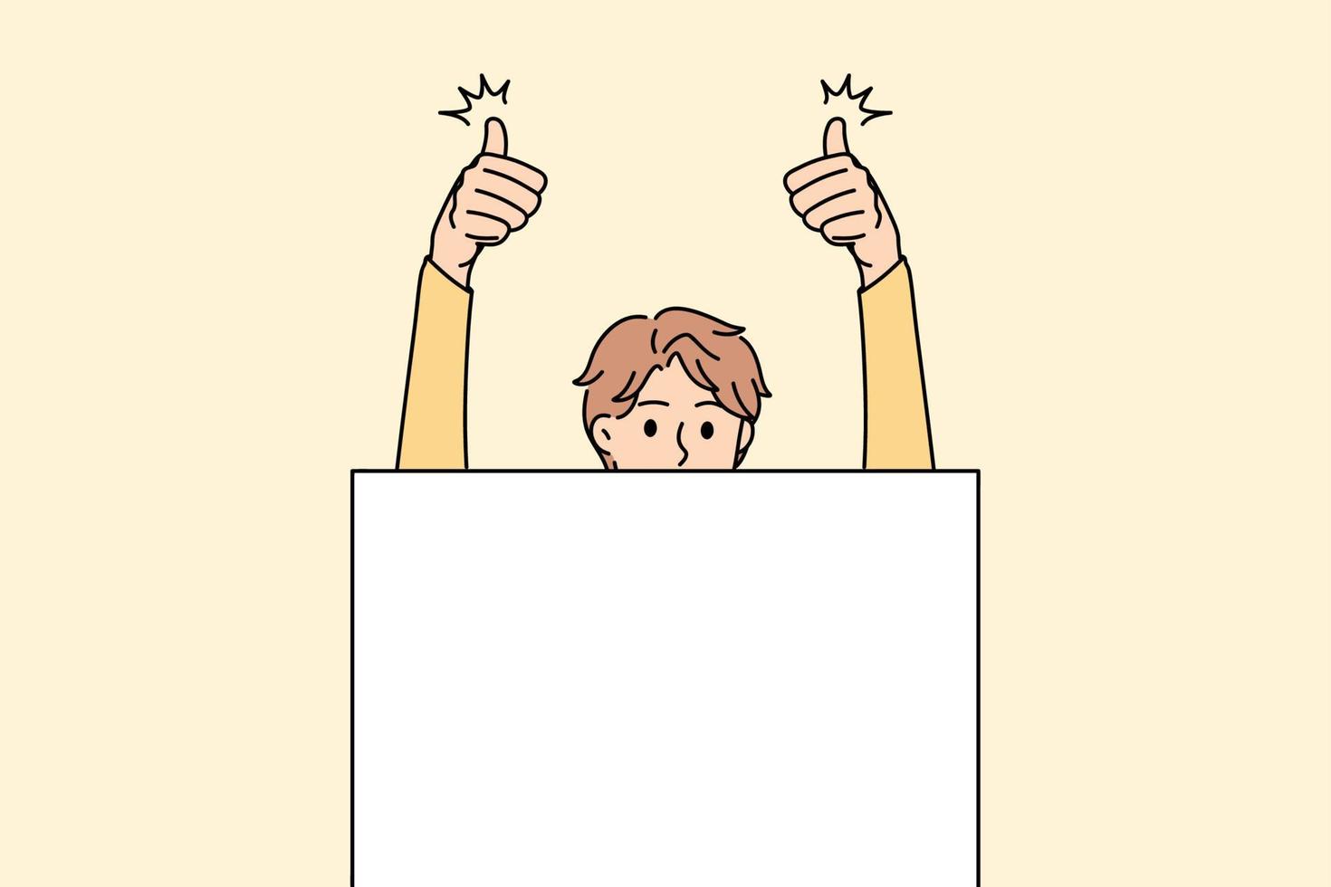 Copy space and thumbs up concept. Smiling man standing holding huge white copy space blank sign in hands for marketing advertisement and showing thumbs up sign vector illustration